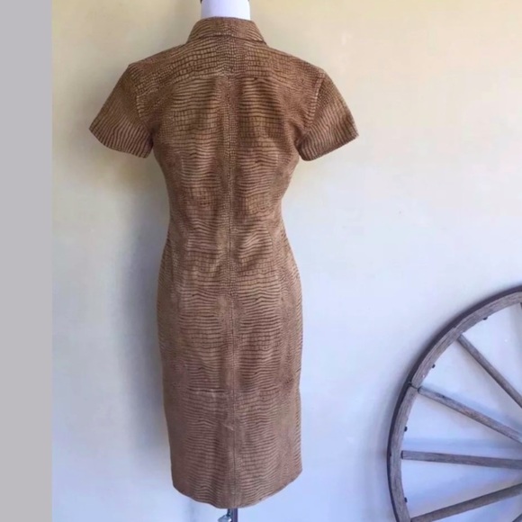 RALPH LAUREN 🐊 Glove Soft Leather Crocodile Print Western Shirt Dress Tan 8 - Picture 2 of 9